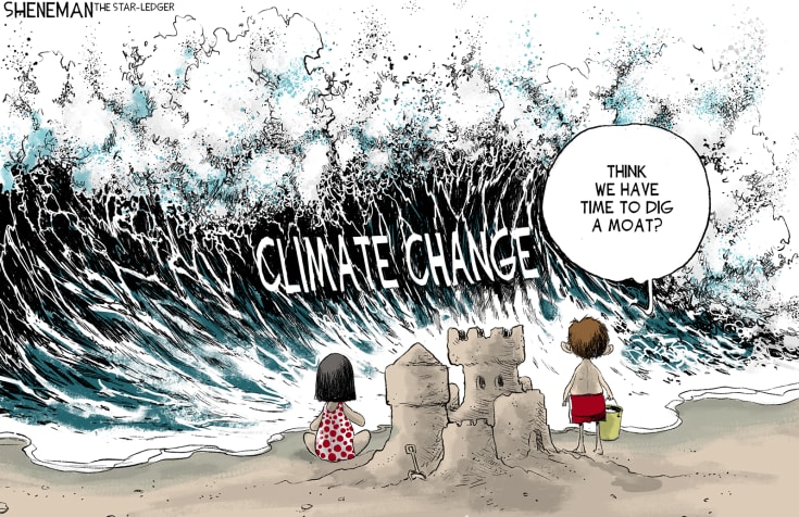 Cartoon of two children, a boy and a girl, on a beach. They have built a fine sandcastle. They look at the sea, where a wave that fills their entire view approaches. The wave is labelled as 'Climate Change'. The boy says, "Think we have time to dig a moat?"