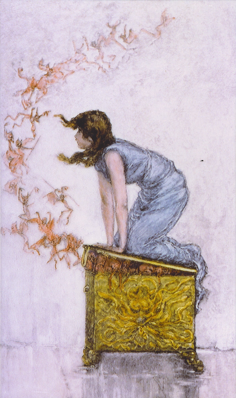 Pandora trying to close box, based on painting by FS Church