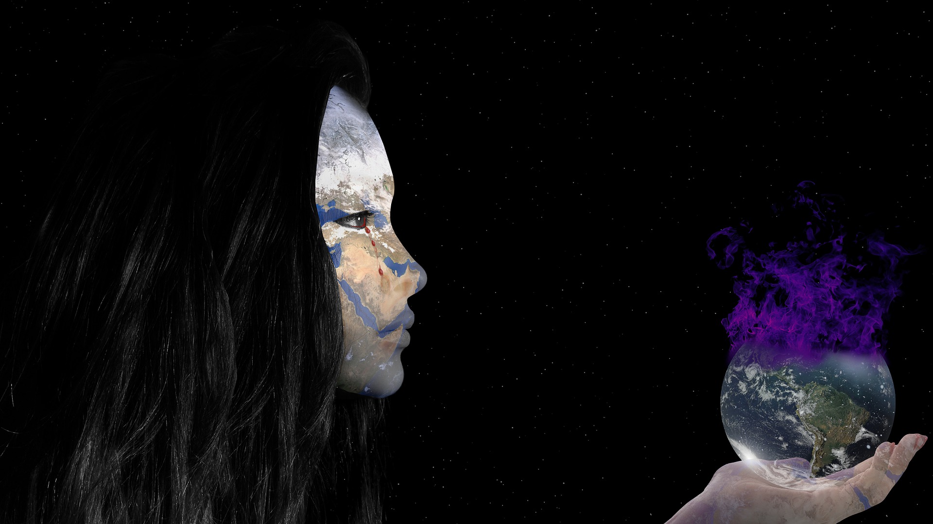 A dark cosmic woman holds the disintegrating Earth in her hand and is crying