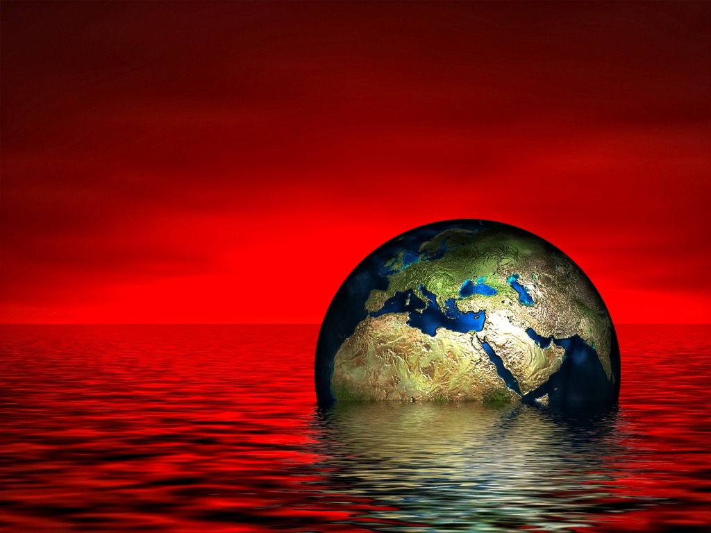 Earth half-submerged in water, with a red sky