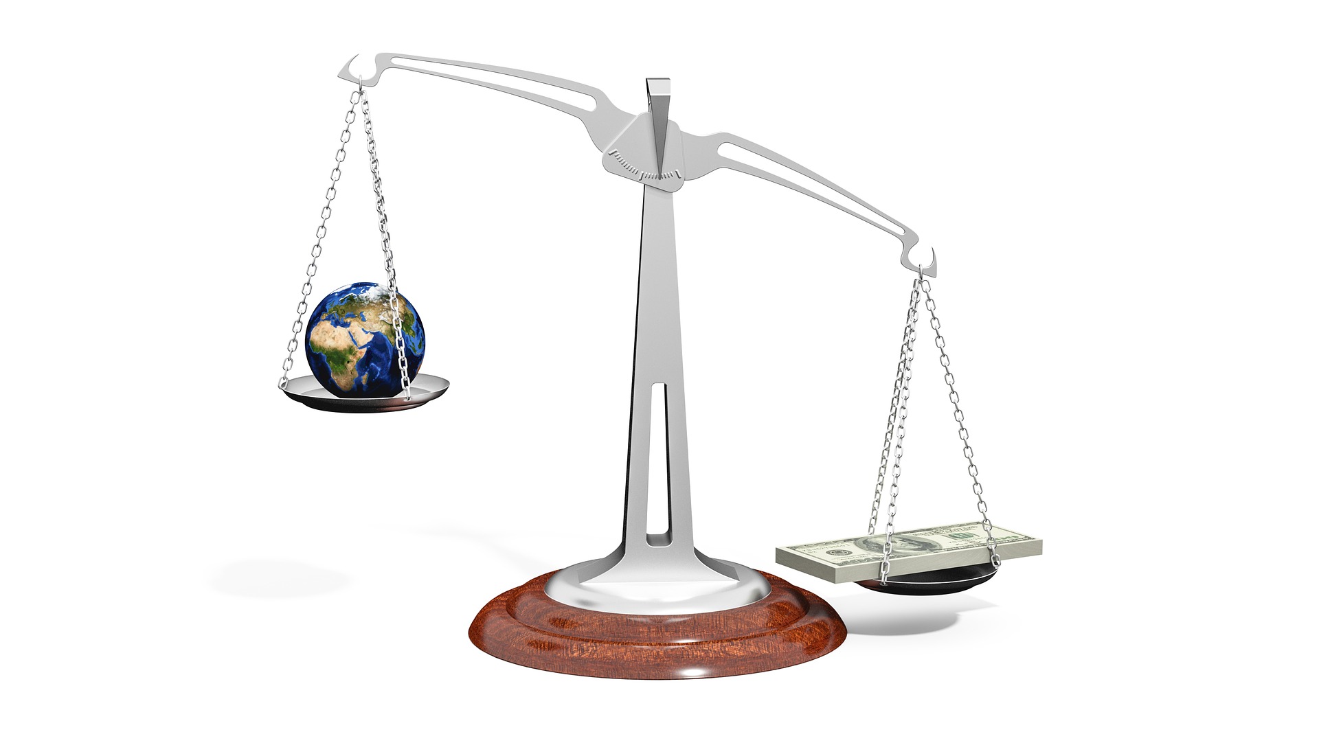 A graphic of weighing scales, with money outweighing the Earth