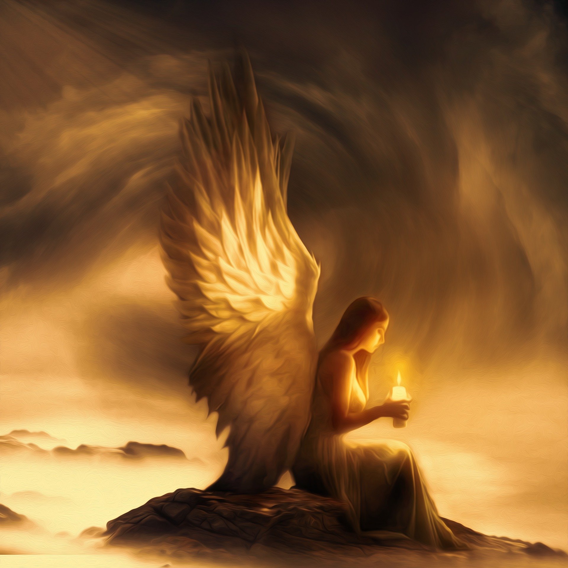An angel holds a lit candle. The ambience is soft and luminous. The angel resembles a female and has large wings. The angel is seated on a rock.