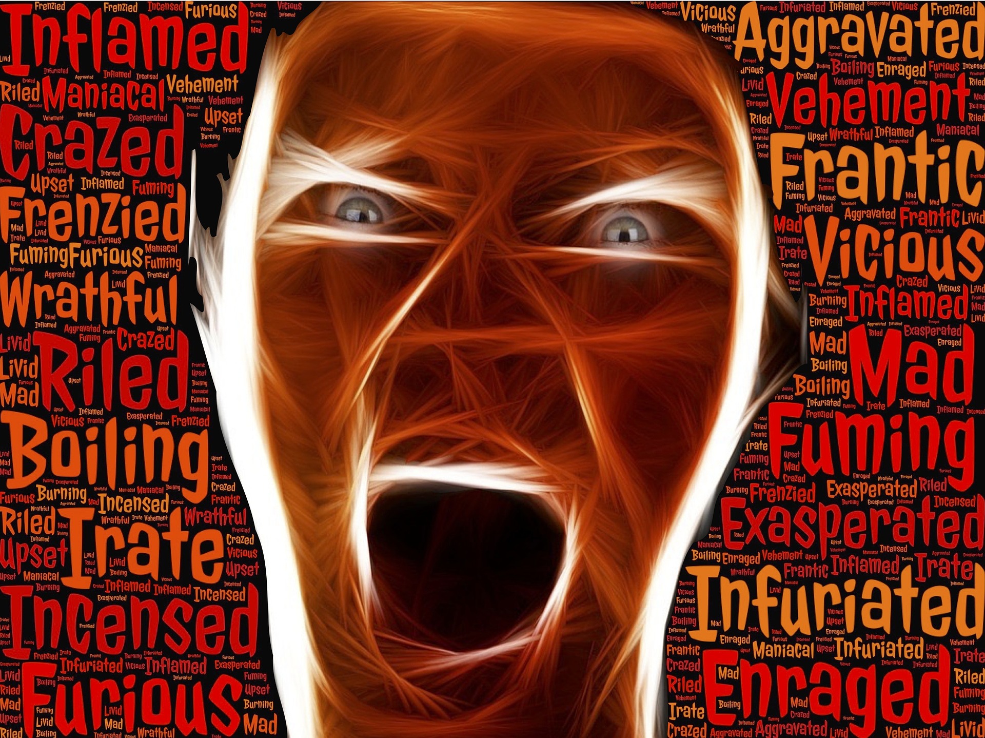 A graphic of a screaming or tormented face. Around are words such as 'Inflamed', 'Crazed', 'Riled', 'Boiling', etc. The overall colour scheme is red.