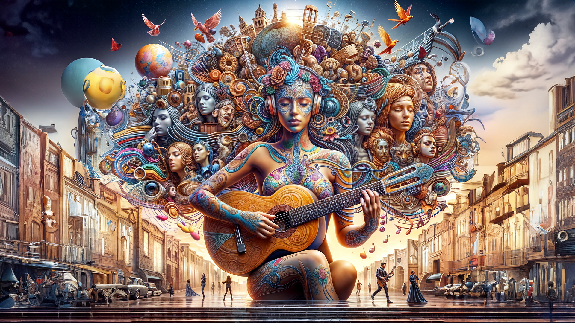 An AI generated image of a woman playing a guitar. Her eyes are closed. From her head flow forth beautiful things like birds, ornaments, peaceful women with their eyes also closed. Behind her is a street in a city, where people dance and play music.