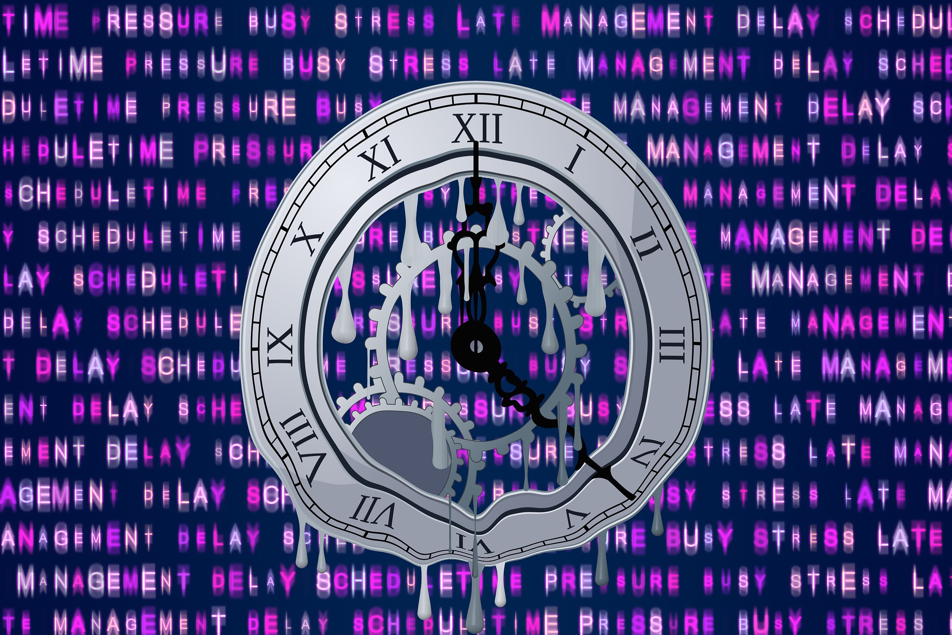 Against a purple-pink background of words like 'delay', 'stress', 'busy', 'pressure', we see a metal clock face. The clock face is blurry and appears to droop.