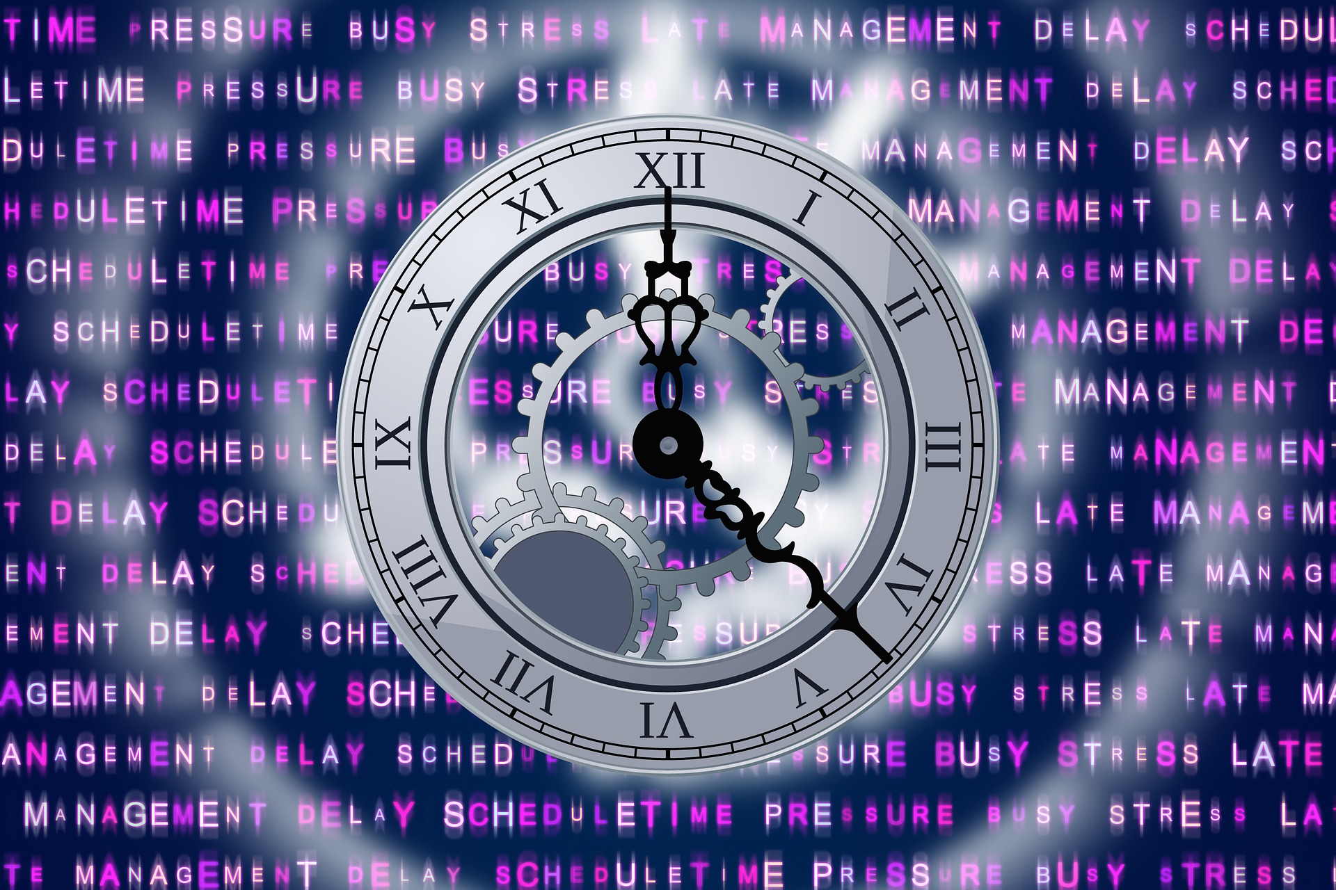 Against a purple-pink background of words like 'delay', 'stress', 'busy', 'pressure', we see a metal clock face. The clock face is clear and appears to emanate a positive light.
