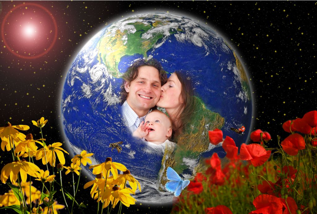 Earth/Gaia with Sun and Space in the background; an image of a family, a couple with a baby covers the centre of Earth; flowers in the foreground