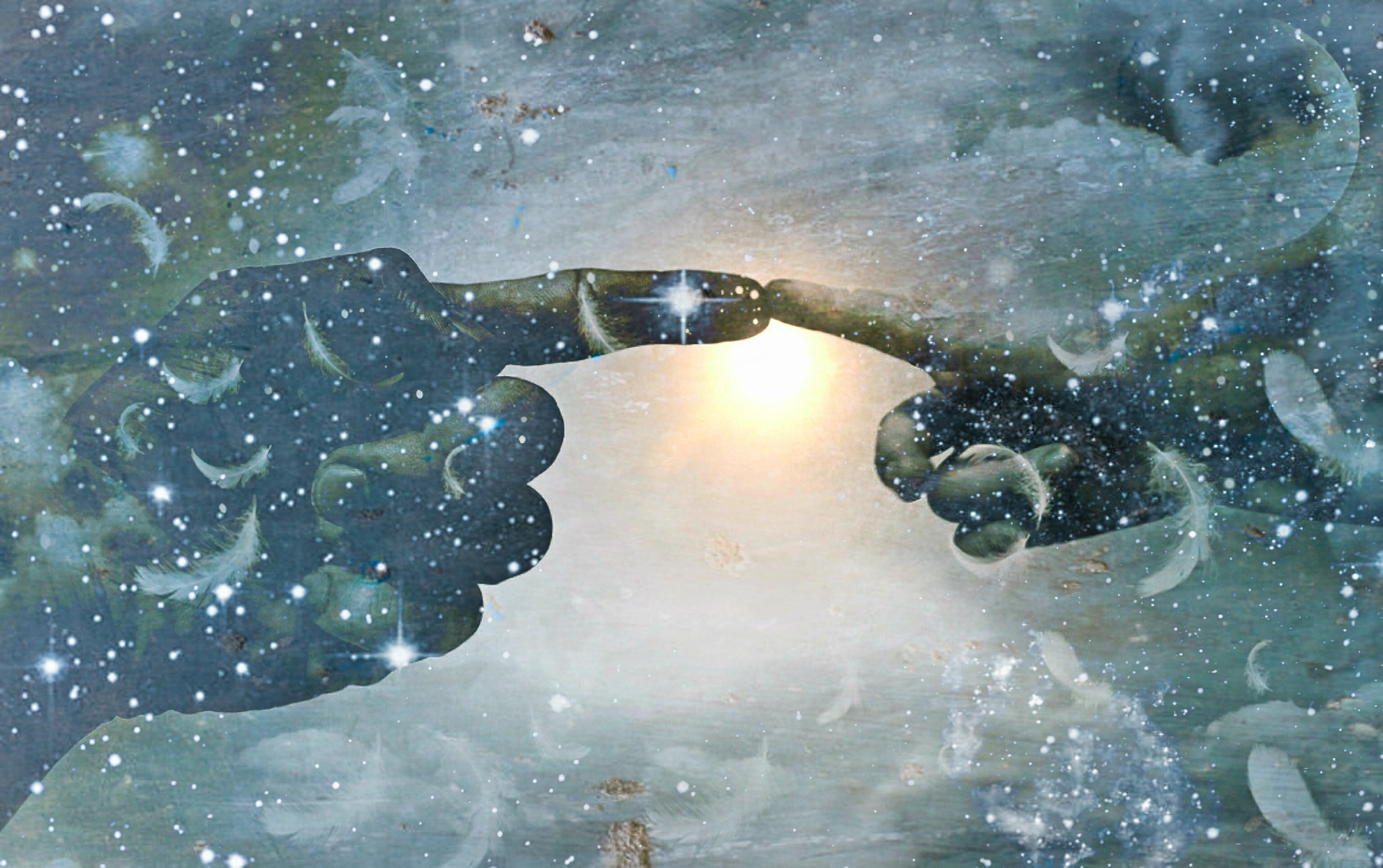An image that symbolises God touching Humanity. Against a starry sky and soft sun, a larger hand touches a smaller hand.