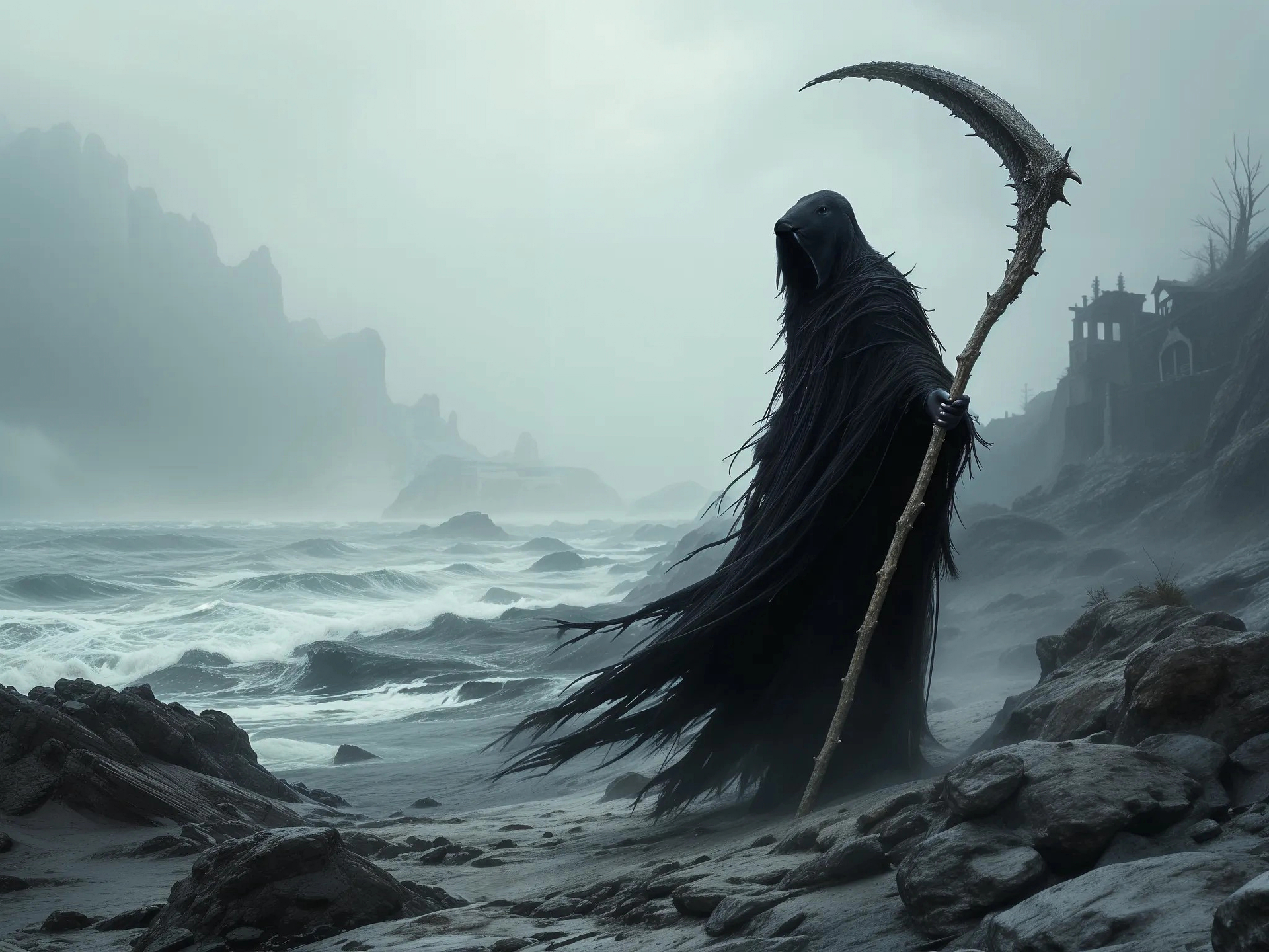 An AI-generated image of the Grim Reaper in a black robe, standing by the sea with a scythe