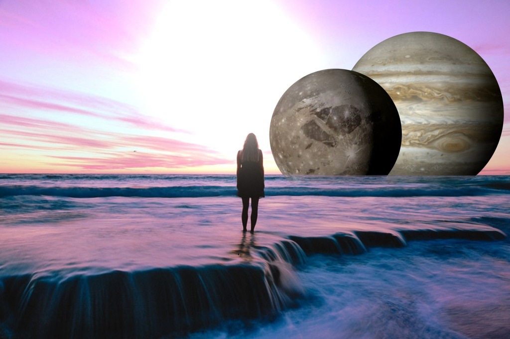 Fantasy view of Jupiter, a silhouetted woman looking on
