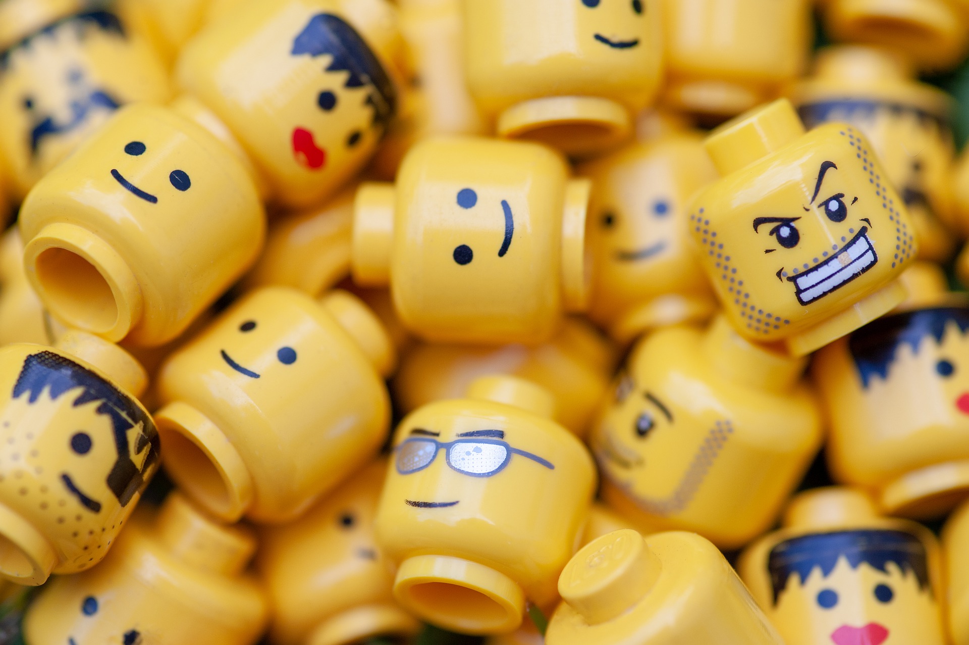 Close-up of many plastic Lego heads