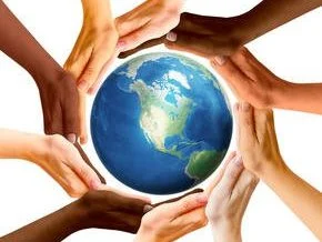 The Leaders for Global Assemblies logo shows a graphic with the Earth at the centre and around are hands of many skin colours carefully holding it