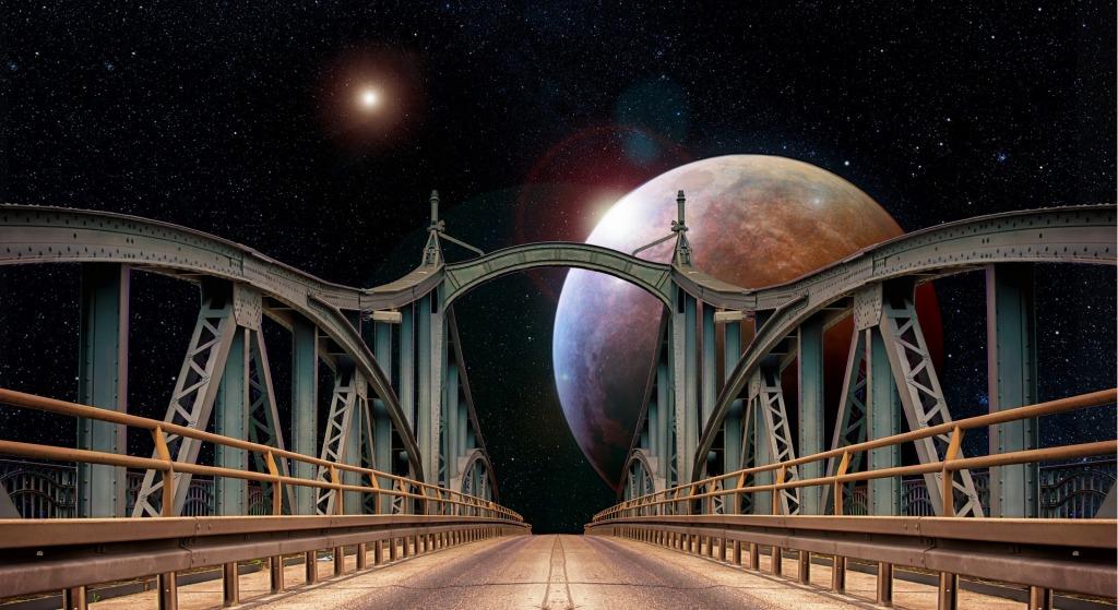 Iron bridge in outer space that leads to Mars