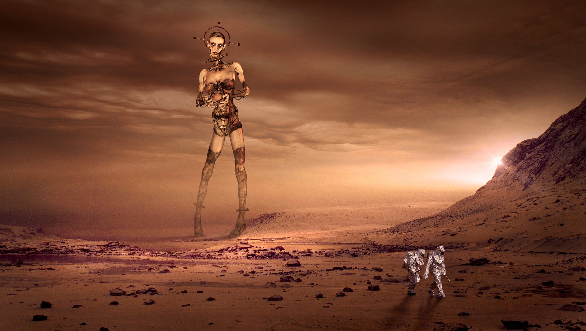 Two astronauts walk on Mars, whilst in the distance a gigantic female robot or cyborg looks on