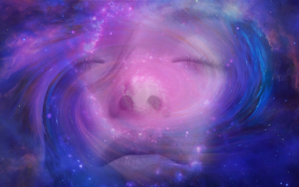A deeply meditative woman's face merges with a galaxy of stars
