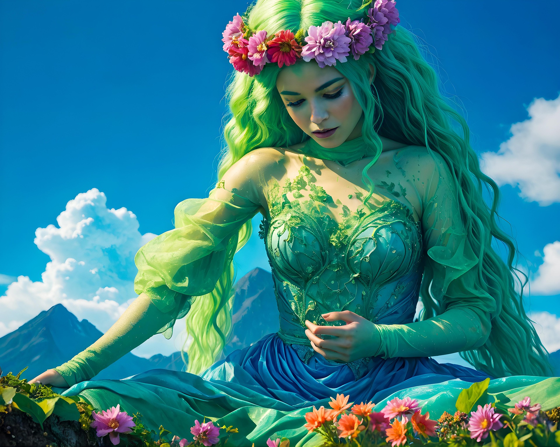 Mother Earth as a giant young woman. She sits cross-legged in a nature landscape. There are mountains and flowers. Her long hair is green and she wears a garland of flowers in her hair. She gazes downwards.
