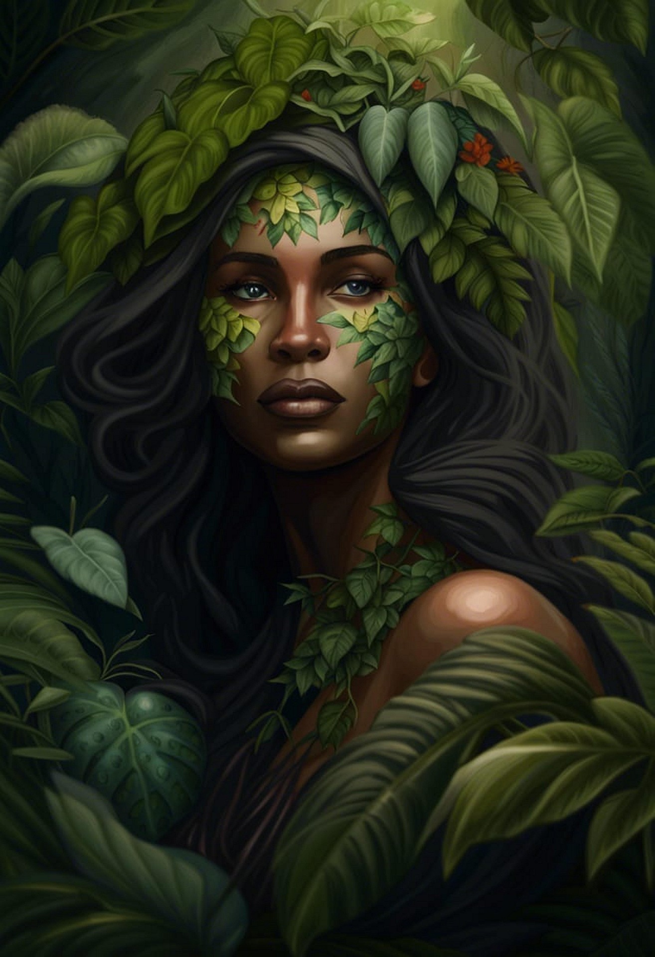 Mother Earth as a dark-skinned woman with dark long hair. She is 'clothed' in leaves, has leaf face paint and is in a deep forest.