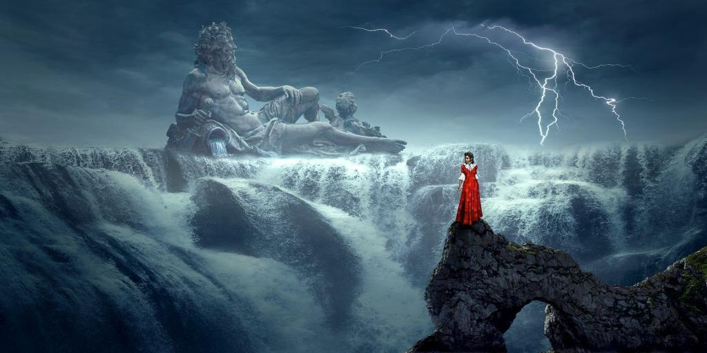 Fantasy of giant reclining Neptune statue in a sea or waterfall landscape, with a woman in an olde red dress standing in the midst of it all, lightning striking