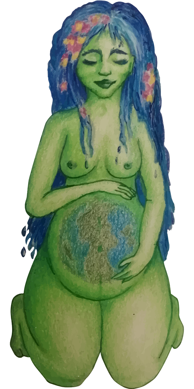 A colour drawing of Pachamama. She kneels. She caresses Her belly, where the Earth is. Her skin is a beautiful green and she smiles serenely. Her hair is blue, like flowing water, with a few colourful flowers.