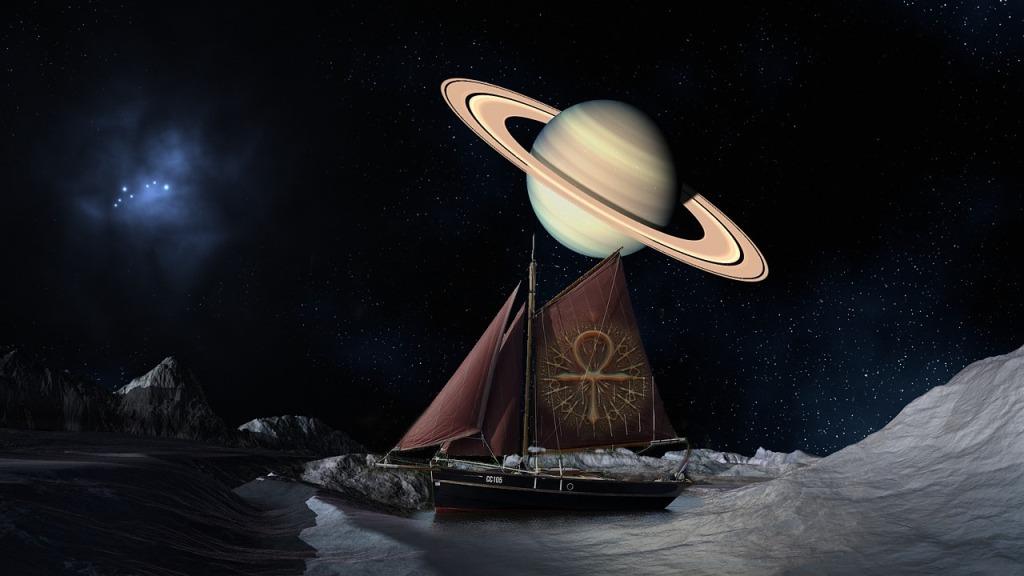 Fantasy view of Saturn from an ancient mystical yacht in outer space