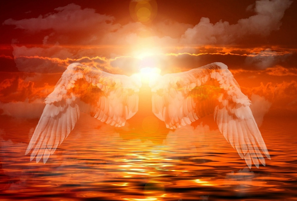 Sun with angel wings and seascape