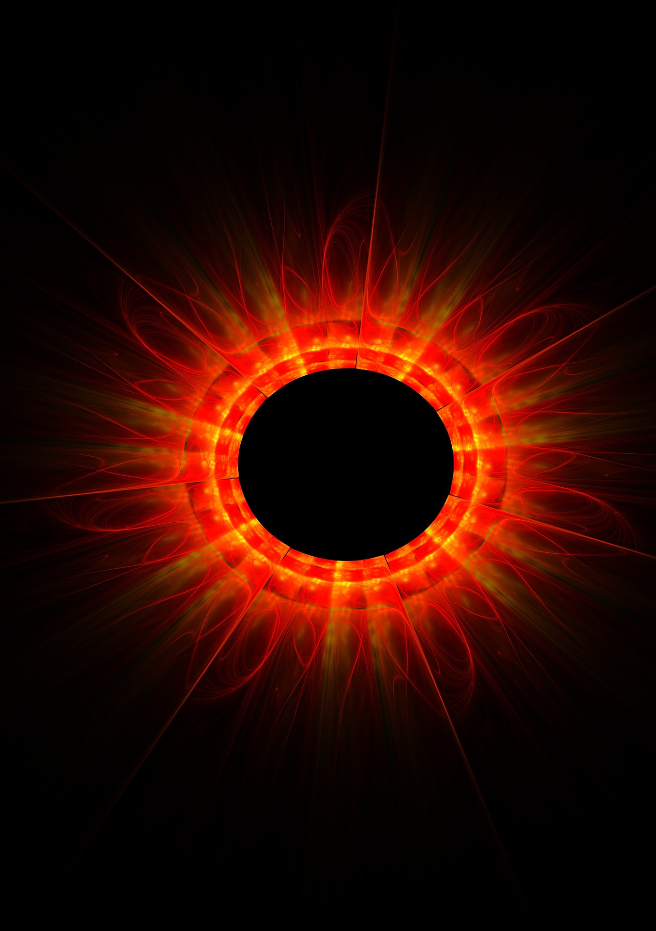 Against a black background, this shows a fiery ball of energy with a black centre. Just like the sun, flames flare from its edge.