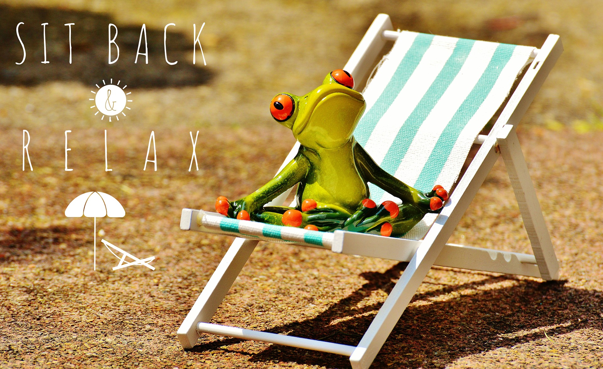 A similar frog to the first image is sitting on a deckchair. There are words added to the image which say, 'Sit Back & Relax'.