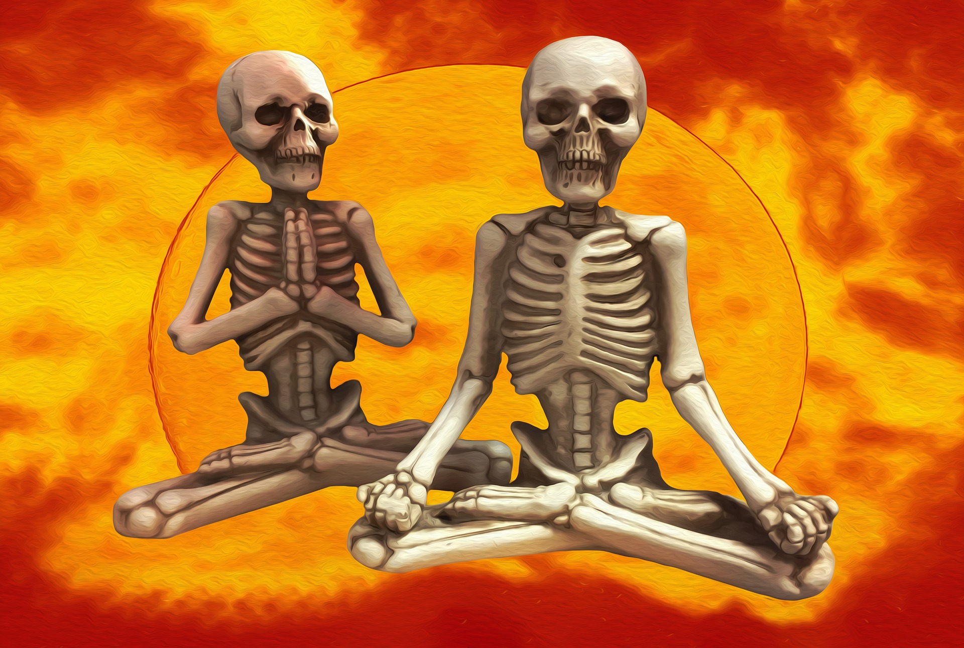 Two skeletons are sitting cross-legged in lotus yoga position. They appear to be suspended in the scene. They are meditating. The hands of one are in mudras on its knees. The other has its hands in prayer position on its chest. The background is a huge sun. The sun colouring is yellow-orange, with some red flaring.