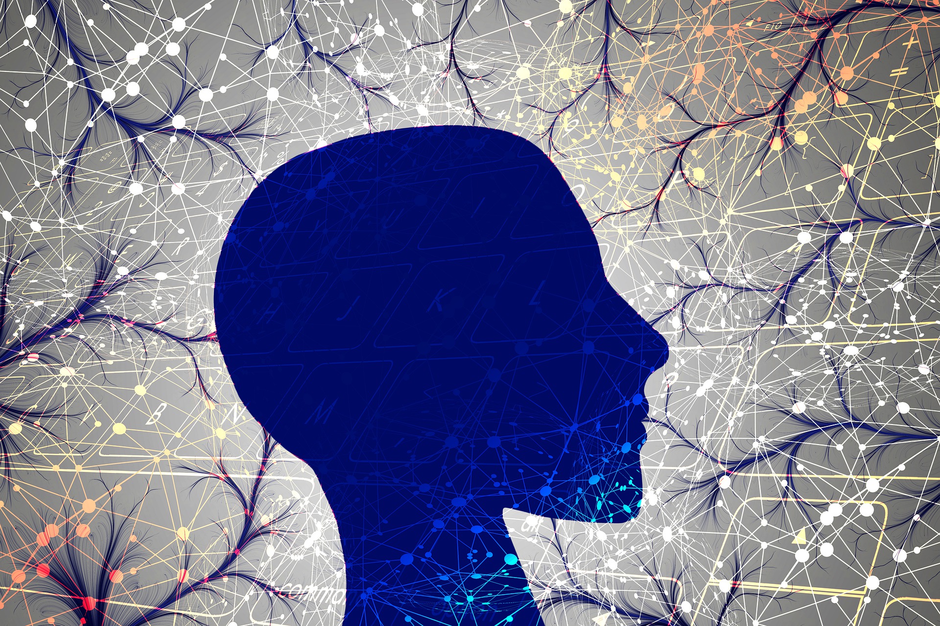A human's head and neck are in profile. Around it are neurons and other brain-like imagery. The scene is backlit by the sun.