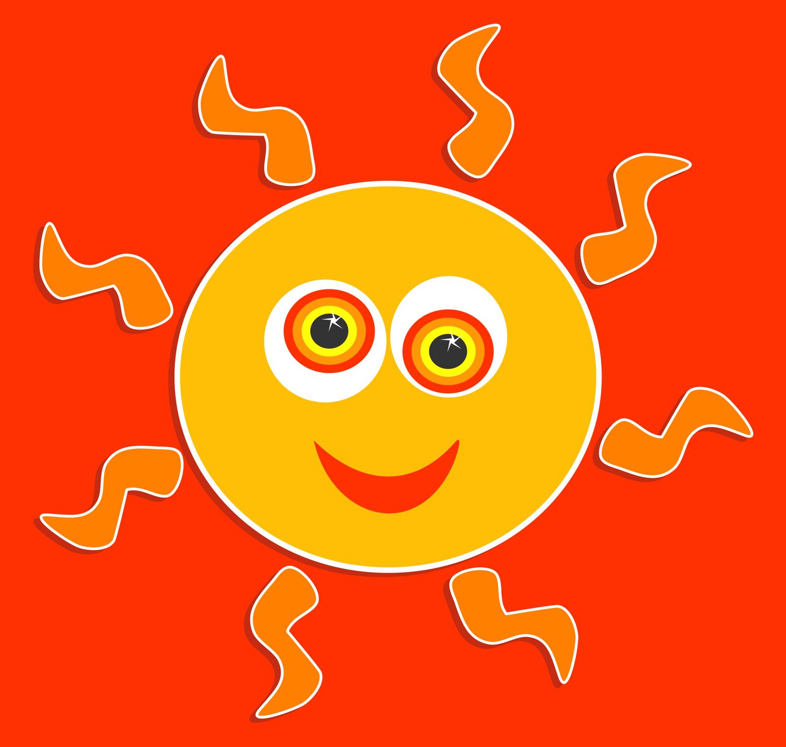Against a red background is a childlike image of a yellow sun with orange wavy arms and googly eyes that are off-centre