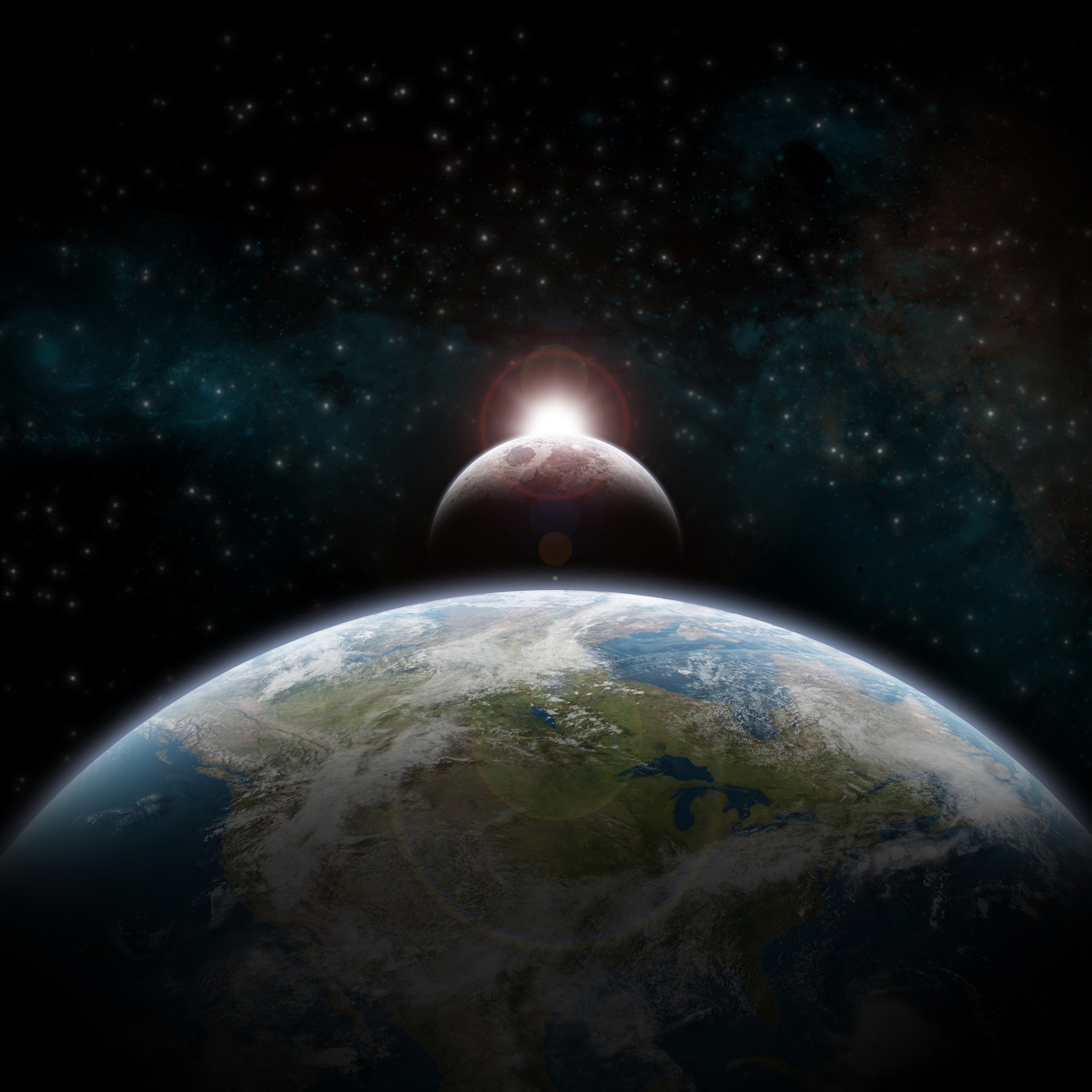 We are in the Universe, the Earth in the foreground, the Moon is nearby, the Sun in the distance, the stars around