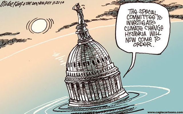 Cartoon of the US Capitol almost covered with water, yet the politicians are still heard to be debating climate change hysteria