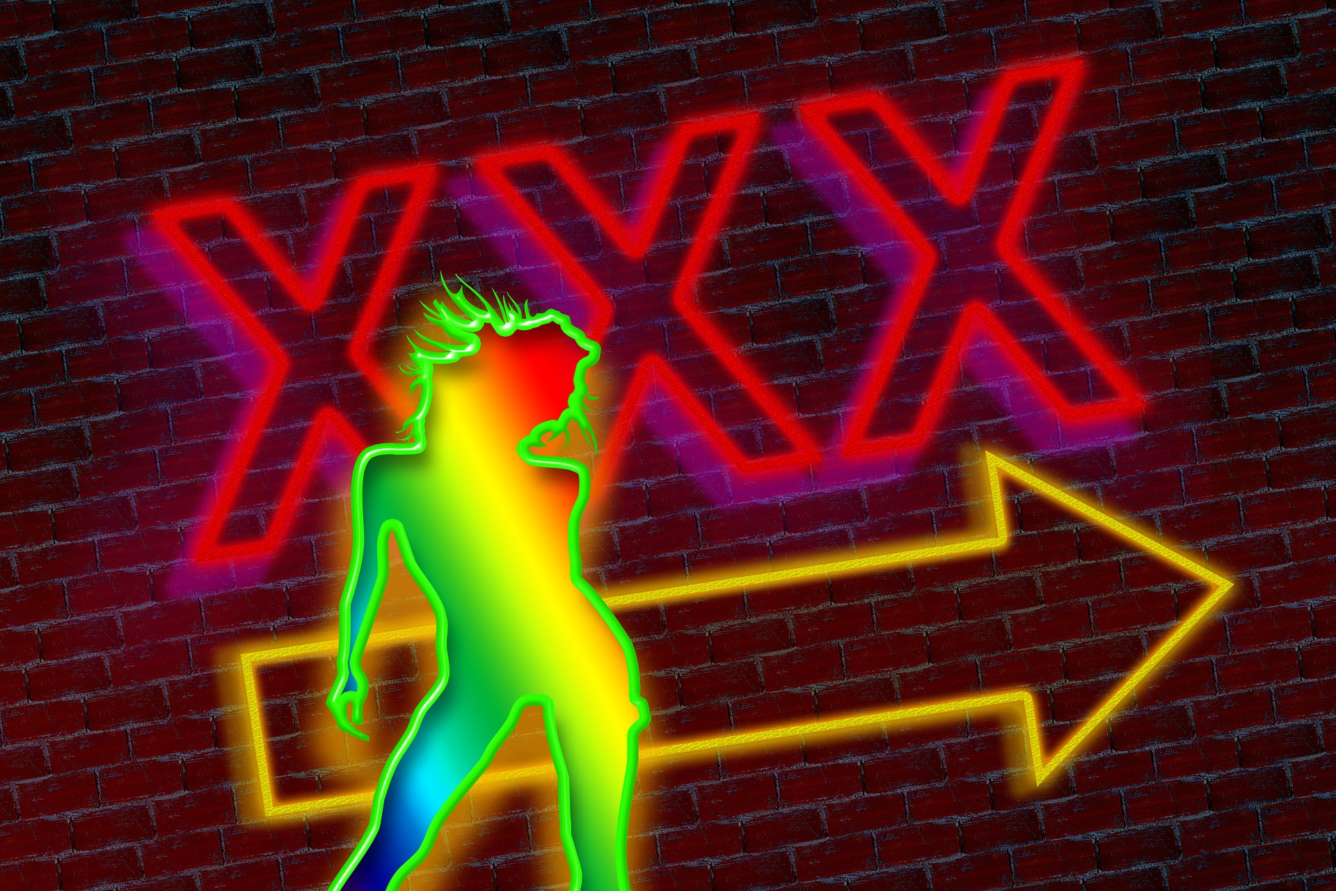 Neon signs of a yellow/lime woman, a yellow arrow, and three letters 'XXX' in red.