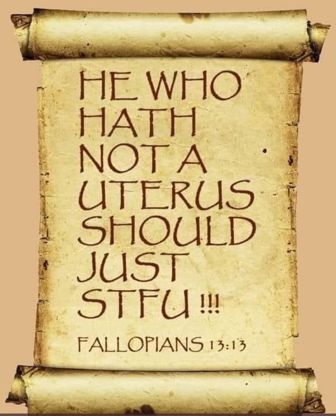Scroll that says 'He who hath not a uterus should just STFU!!! - Fallopians 13:13'