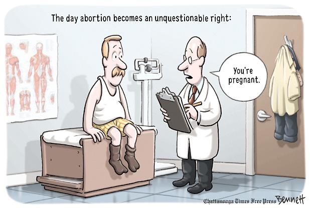 Cartoon 'The day abortion became an unquestionable right' has a doctor tell a partially undressed man that he is pregnant