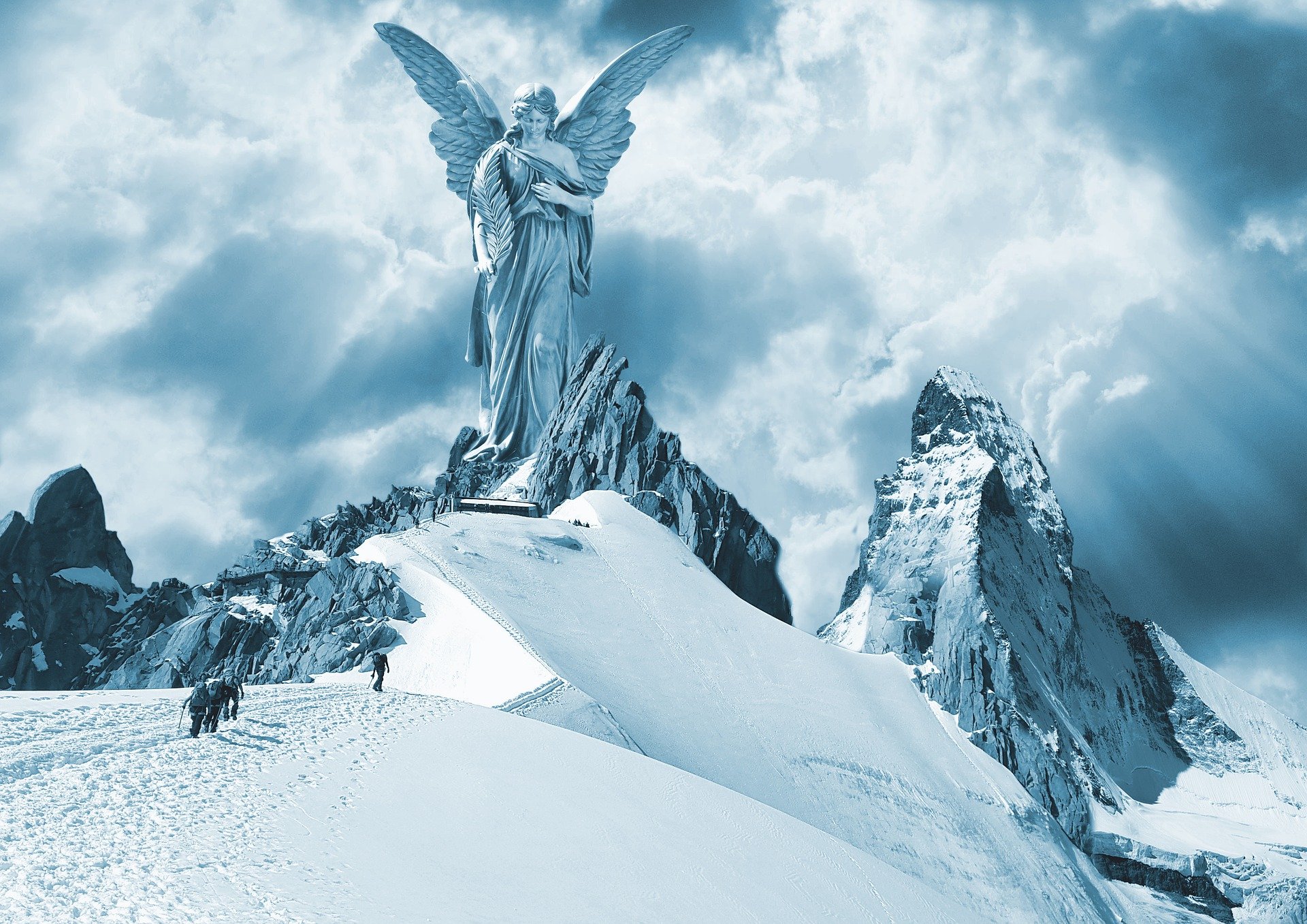 Mountain Top Angel shows a giant angel atop a snowy peak which people are reaching
