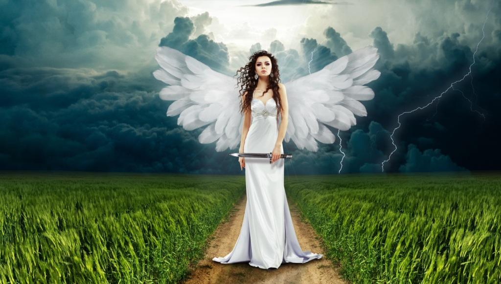 Angel in nature with stormy background