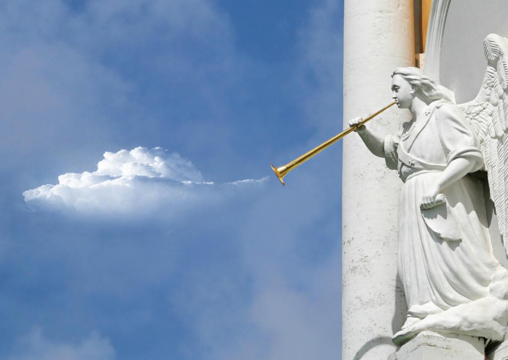 Angel statue blowing a golden trumpet, cloud appears to be coming from trumpet
