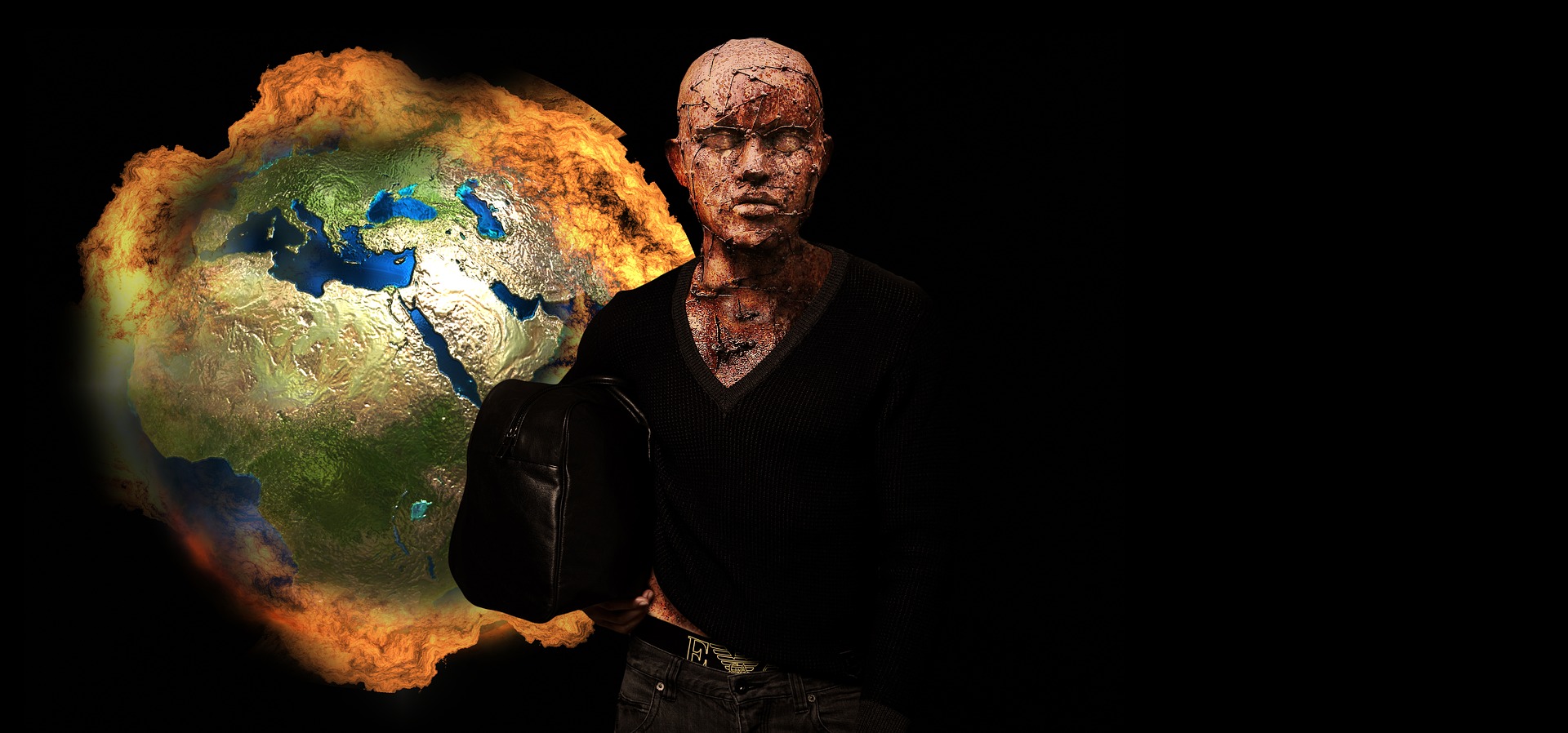 On a dark background, the Earth appears to be missing parts and is engulfed in fire. In the foreground a realistic sculpture of a man with a briefcase and whose skin seems to have been burned and stitched up.