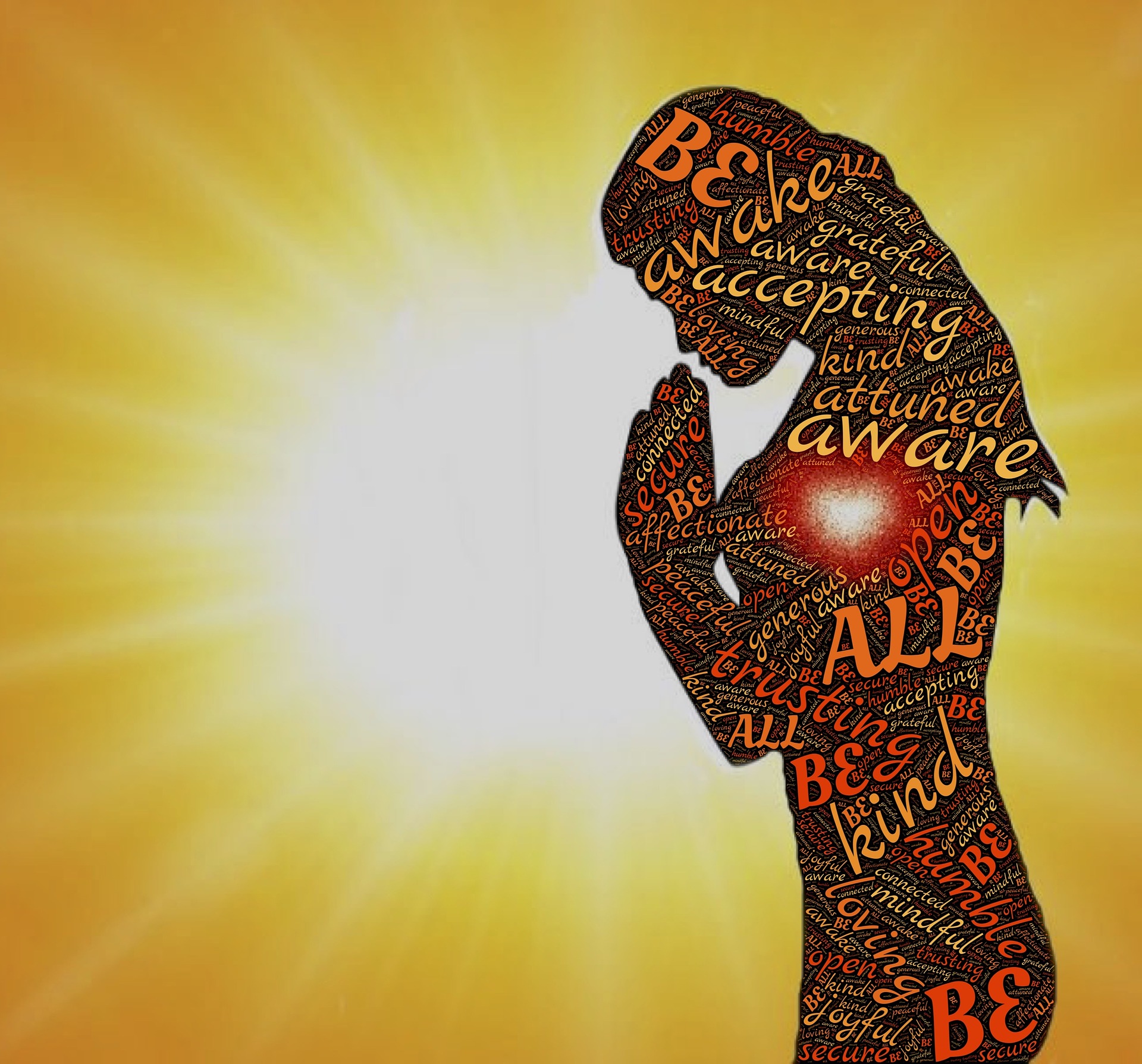 Against a large sun, in the foreground is a graphic of a woman. She is standing and praying. There are many words within her silhouette, such as 'Awake', 'Aware', 'Humble'.