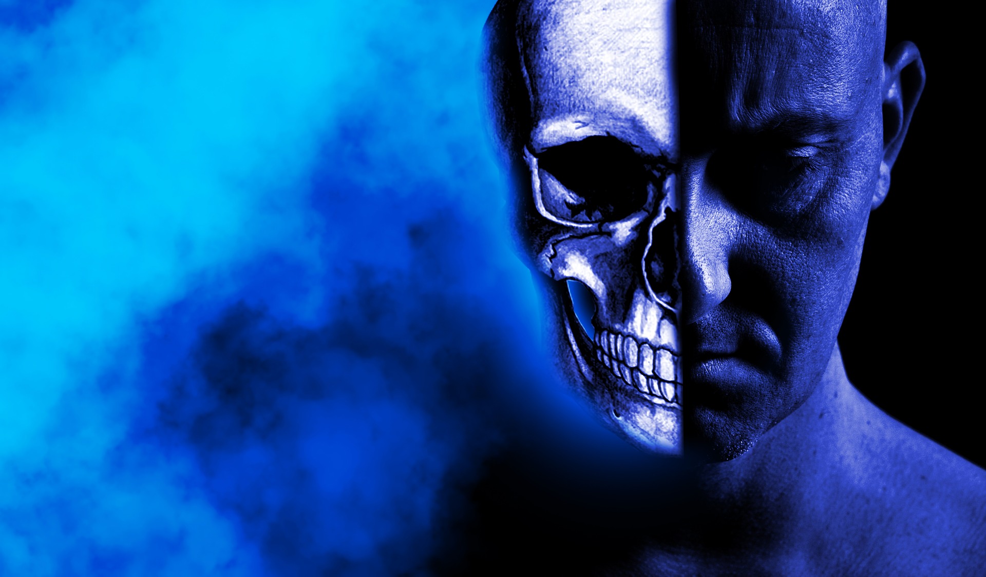 Head of a depressed man, one side skull, the other flesh, amid blue smoke