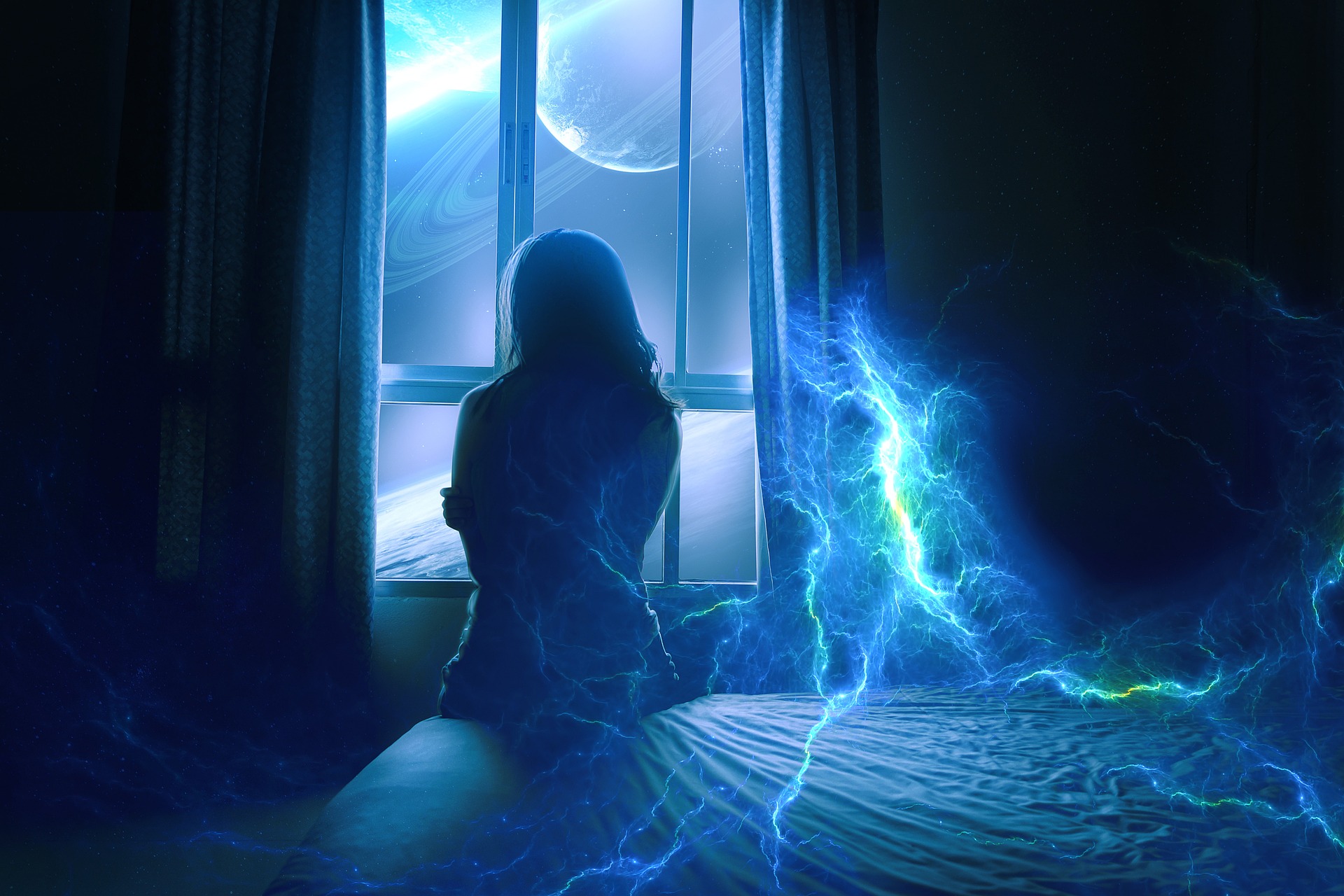 A woman with her back to us sits on the edge of a bed. She looks out the window to see a Saturn-like planet. There is a powerful energy in the room near her. The overall colour impression is blue.
