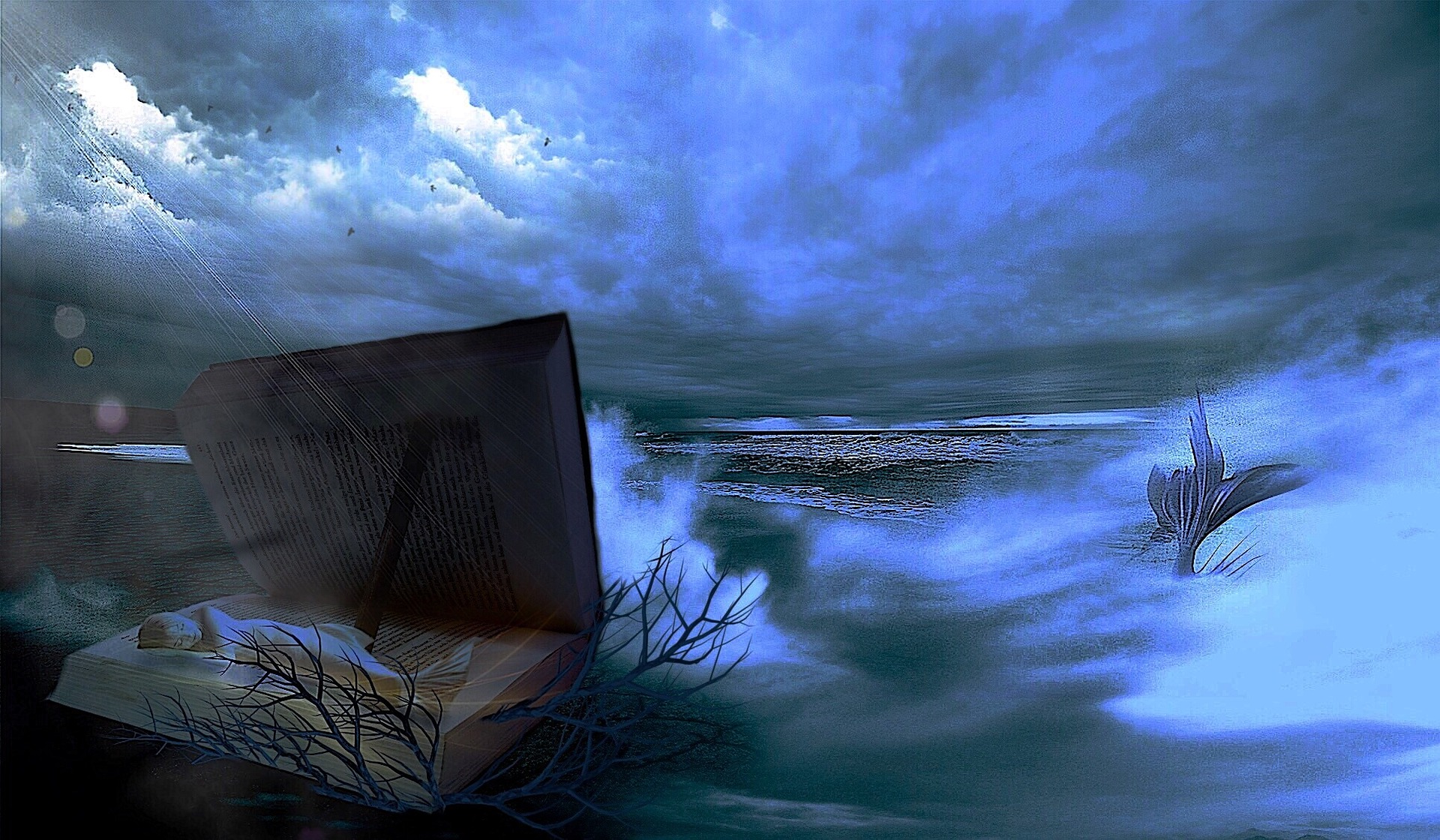 A seascape fantasy image. A beautiful violet-blue permeates the image. A lively sea in which a mermaid swims. A huge book is open near the shore, in which another mermaid rests. There is a blanket of low cloud cover, through which the light pierces in a few places.