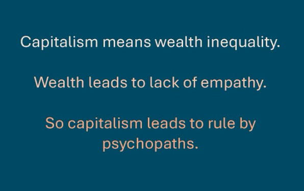 Words on a blue background: 'Capitalism means wealth inequality. Wealth leads to lack of empathy. So capitalism leads to rule by psychopaths.'