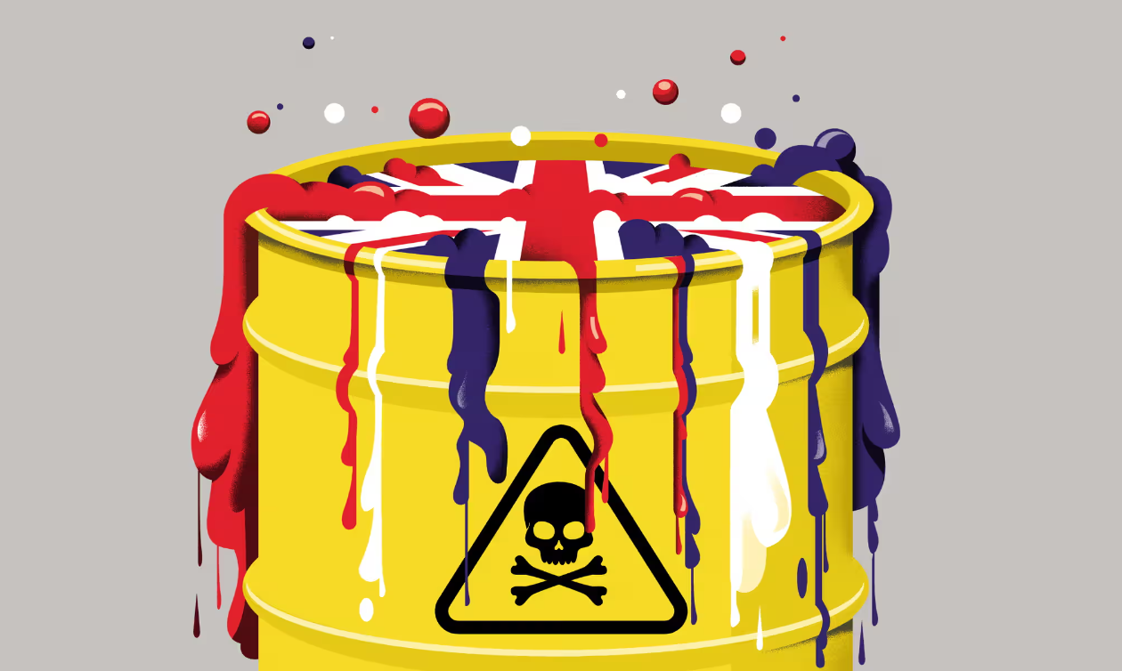 A yellow barrel marked as extremely dangerous, from whose top leaks chemicals. The chemicals are the colours of the UK flag.
