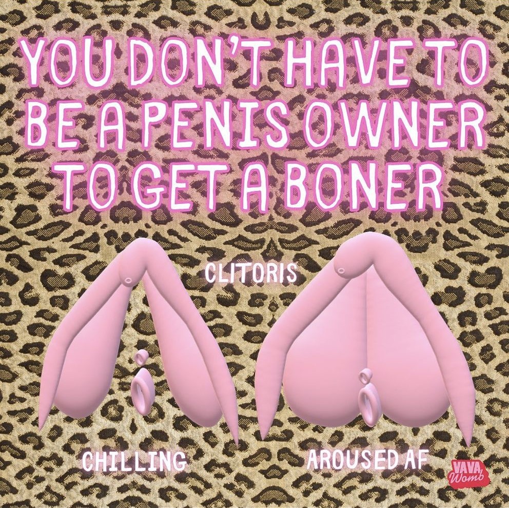 A colourful drawing of a complete clitoris at rest next to one fully engorged. Words include 'You don't have to be a penis owner to get a boner'.