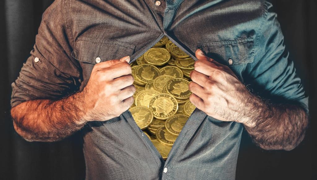 Man opening his shirt to reveal a chest of gold coins