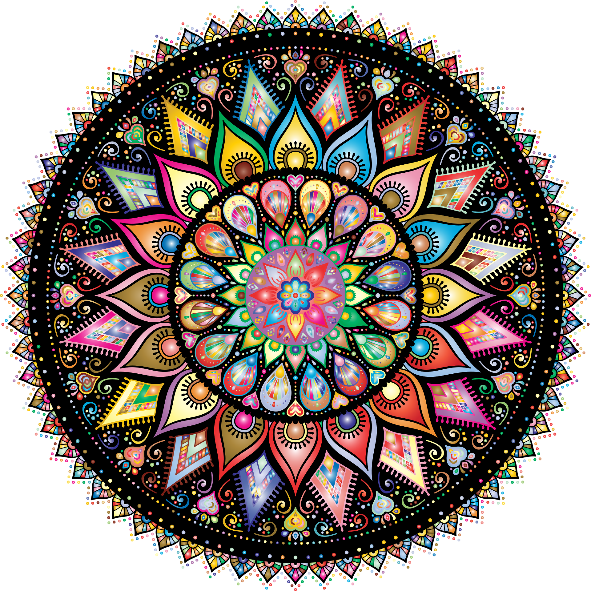 A colourful mandala. It perhaps resembles a mix between a rose stained glass window and a multicoloured flower.