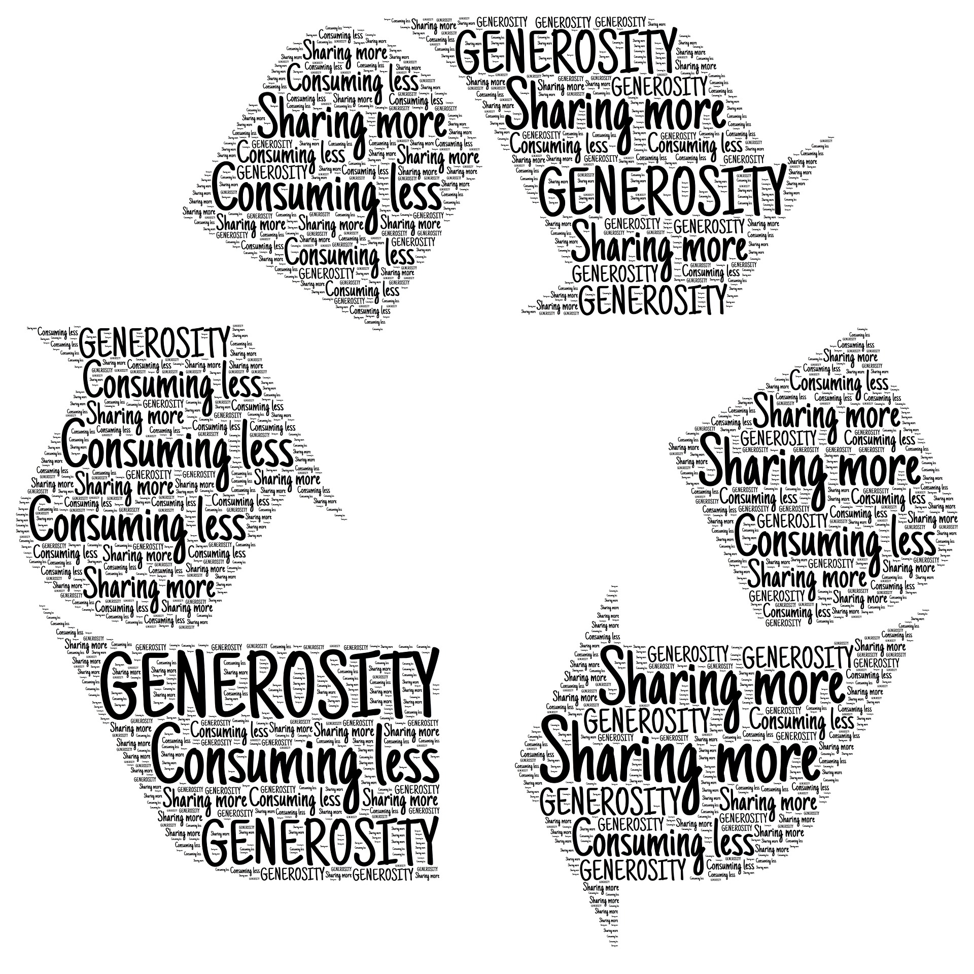 A graphic of the circular three-arrows recycling sign against a white background. In each of the arrows is much black print, saying: 'Consuming less', 'Sharing more', 'Generosity'. These are repeatedly printed.