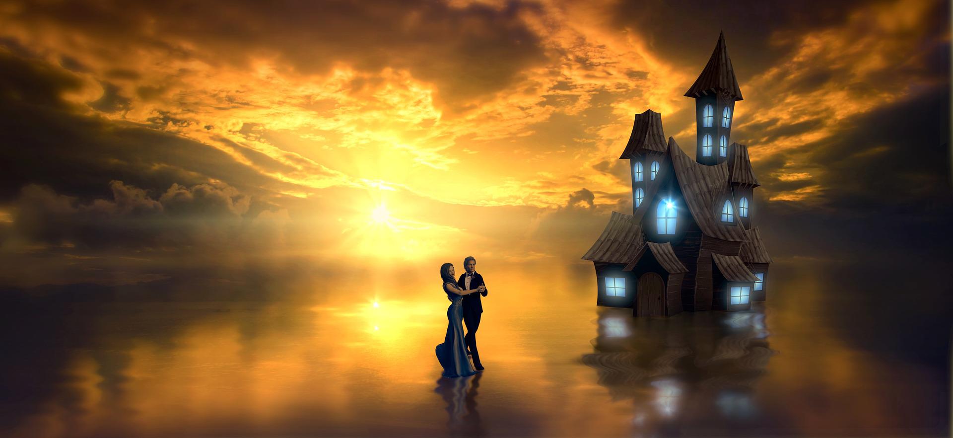 A couple are dancing on a lake at sunrise or sunset. A magical house with blue-lit windows also floats on the lake.